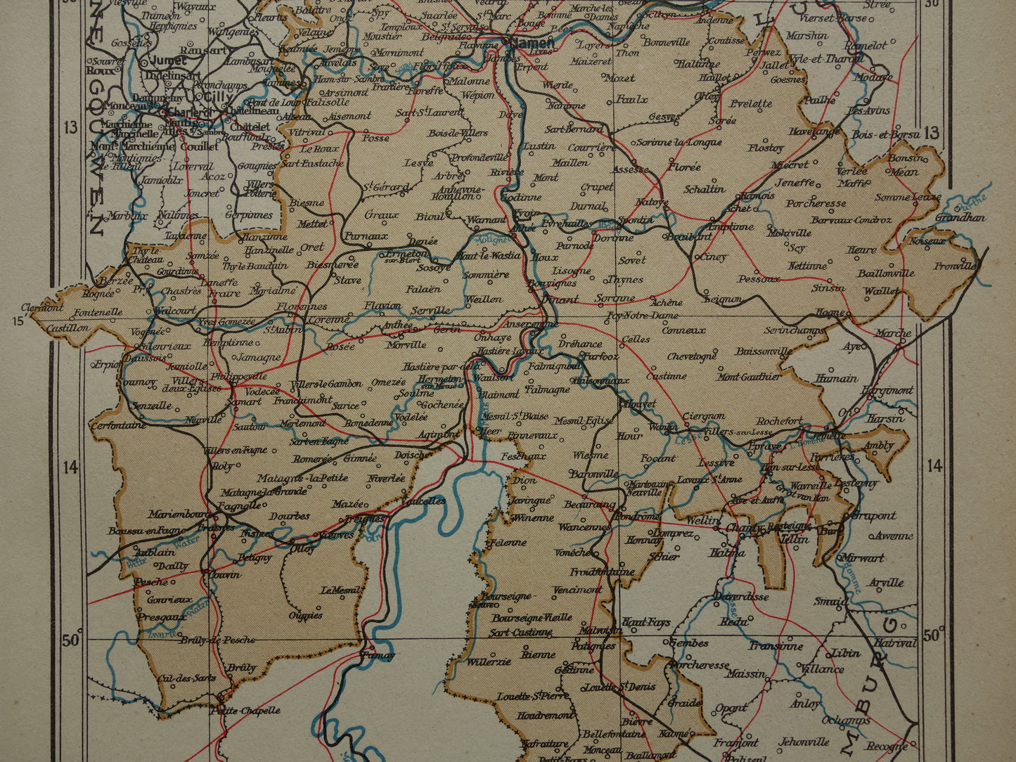 NAMEN oude kaart van provincie Namen België uit 1937 kleine originele vintage landkaart Namur Nameur