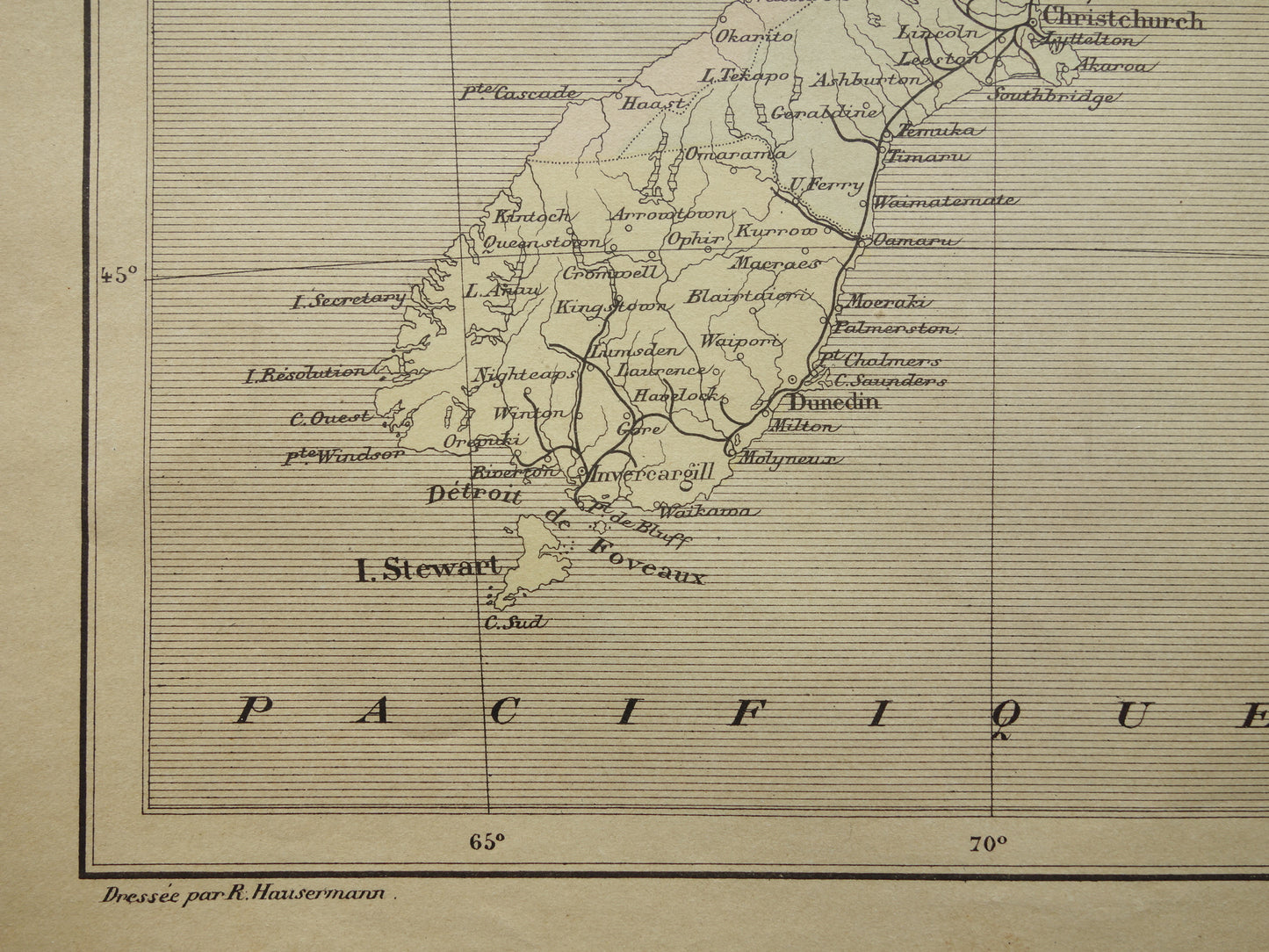 NEW ZEALAND old map from 1896 original antique French hand-coloured map New Zealand