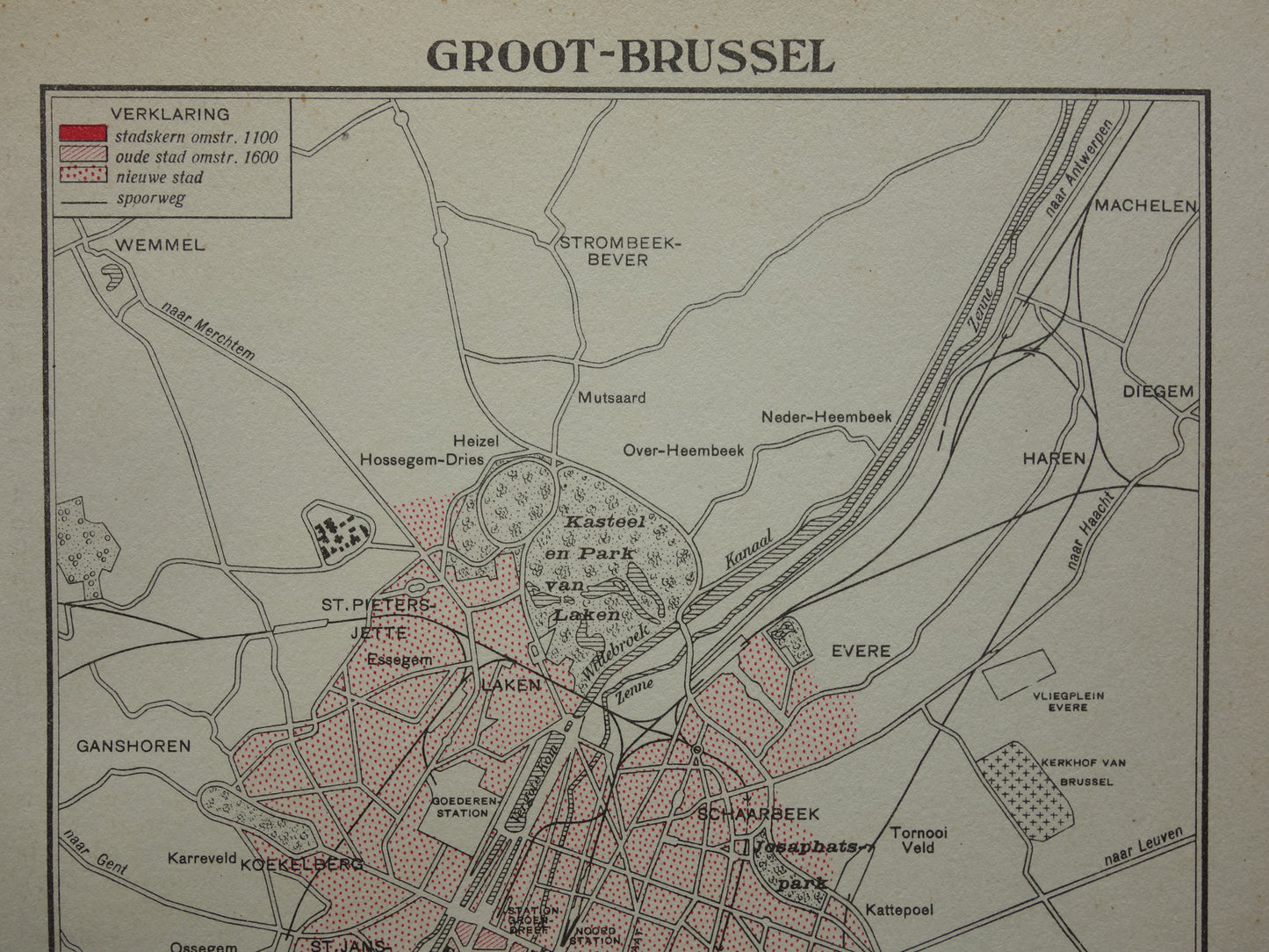 Historical map of Greater Brussels Belgium small original old city plan antique map