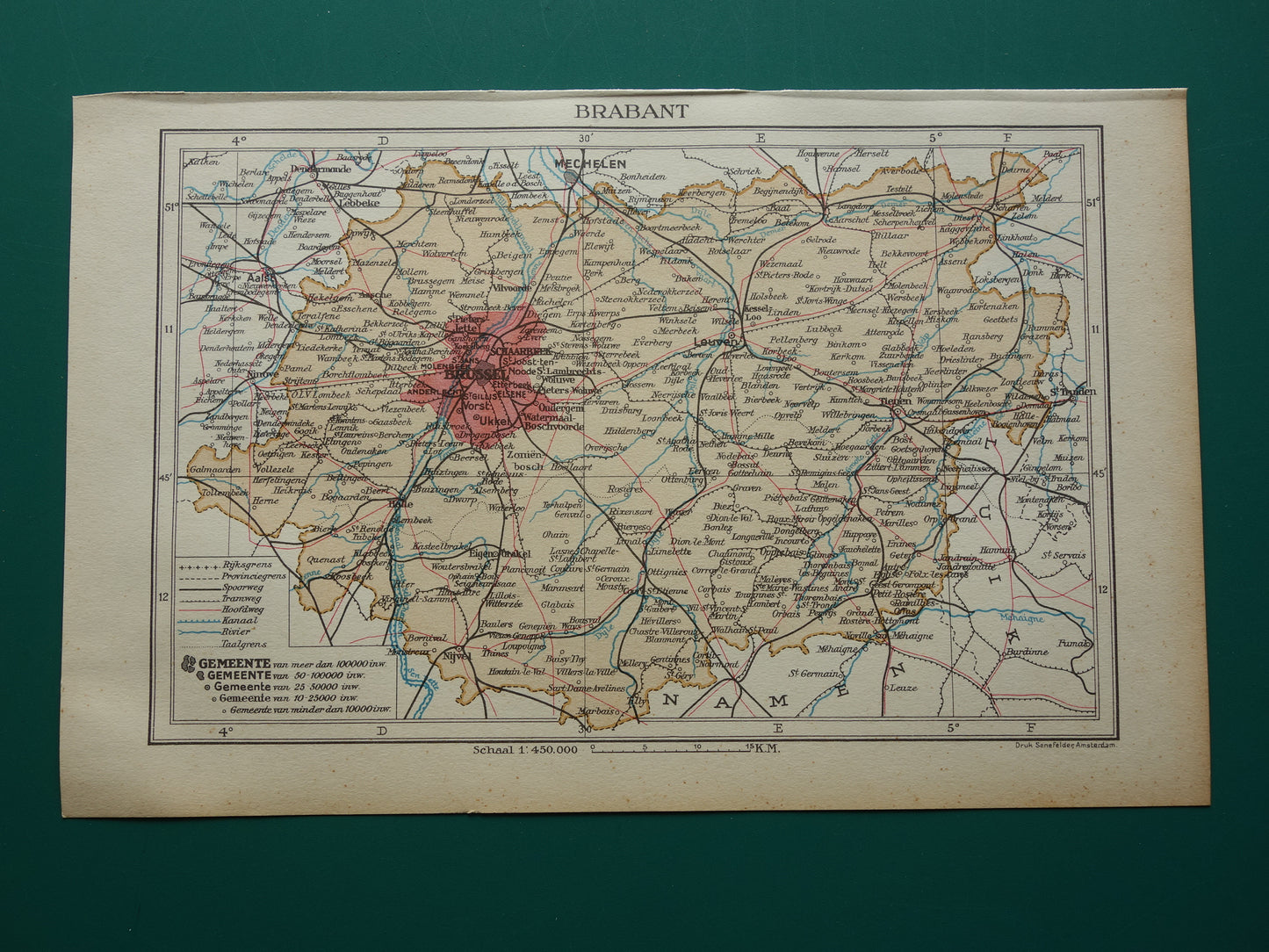 BRABANT Oude kaart van provincie Belgisch Brabant uit 1933 Originele vintage Nederlandse kaart