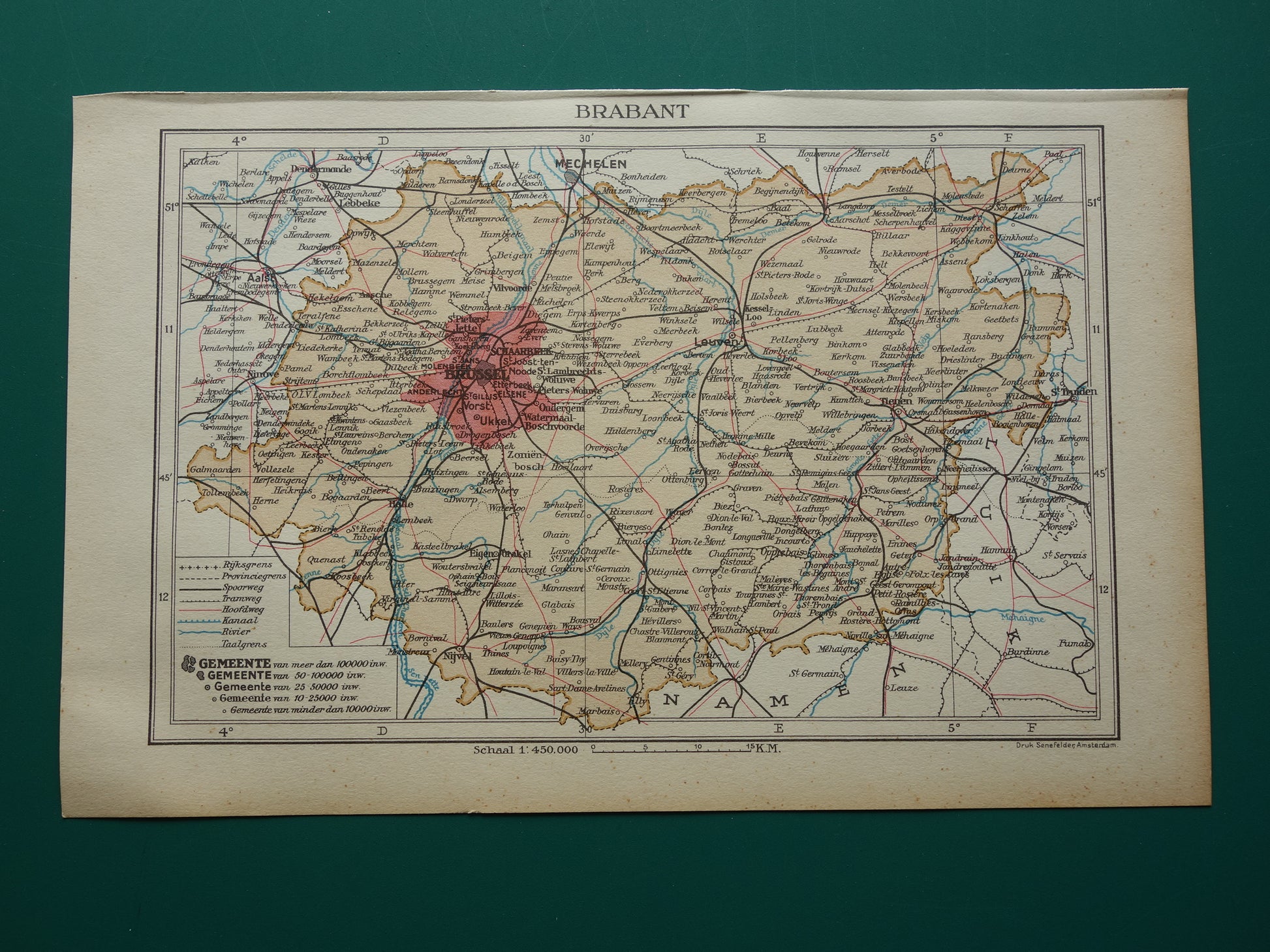 BRABANT Oude kaart van provincie Belgisch Brabant uit 1933 Originele vintage Nederlandse kaart