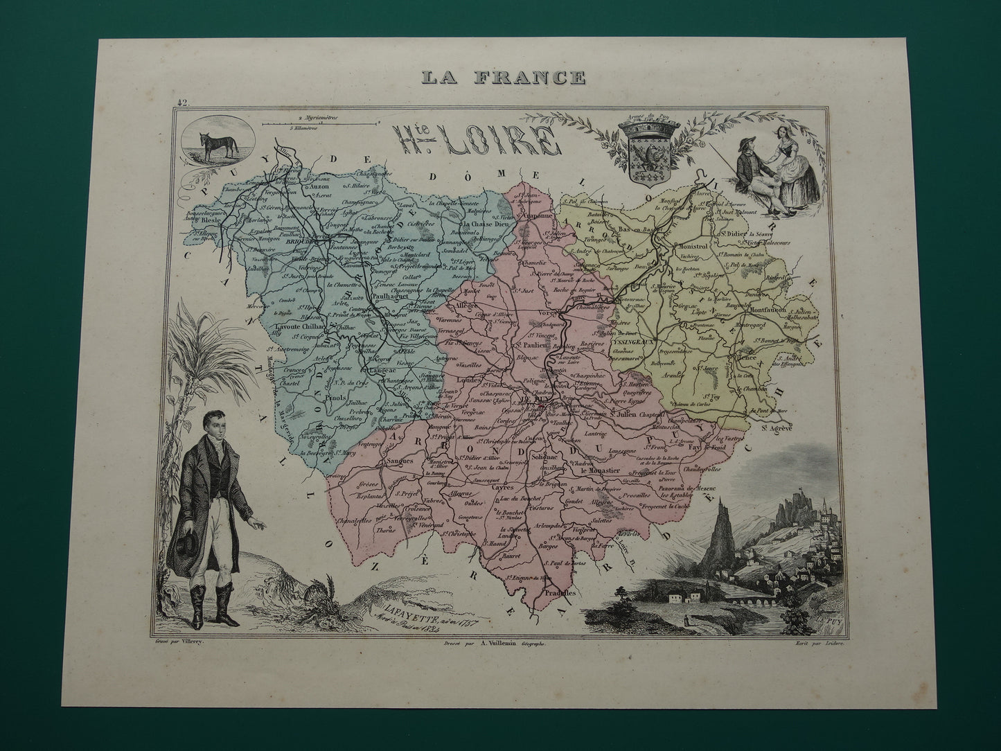 Old map of Haute Loire department in France - original antique hand colored map Le Puy