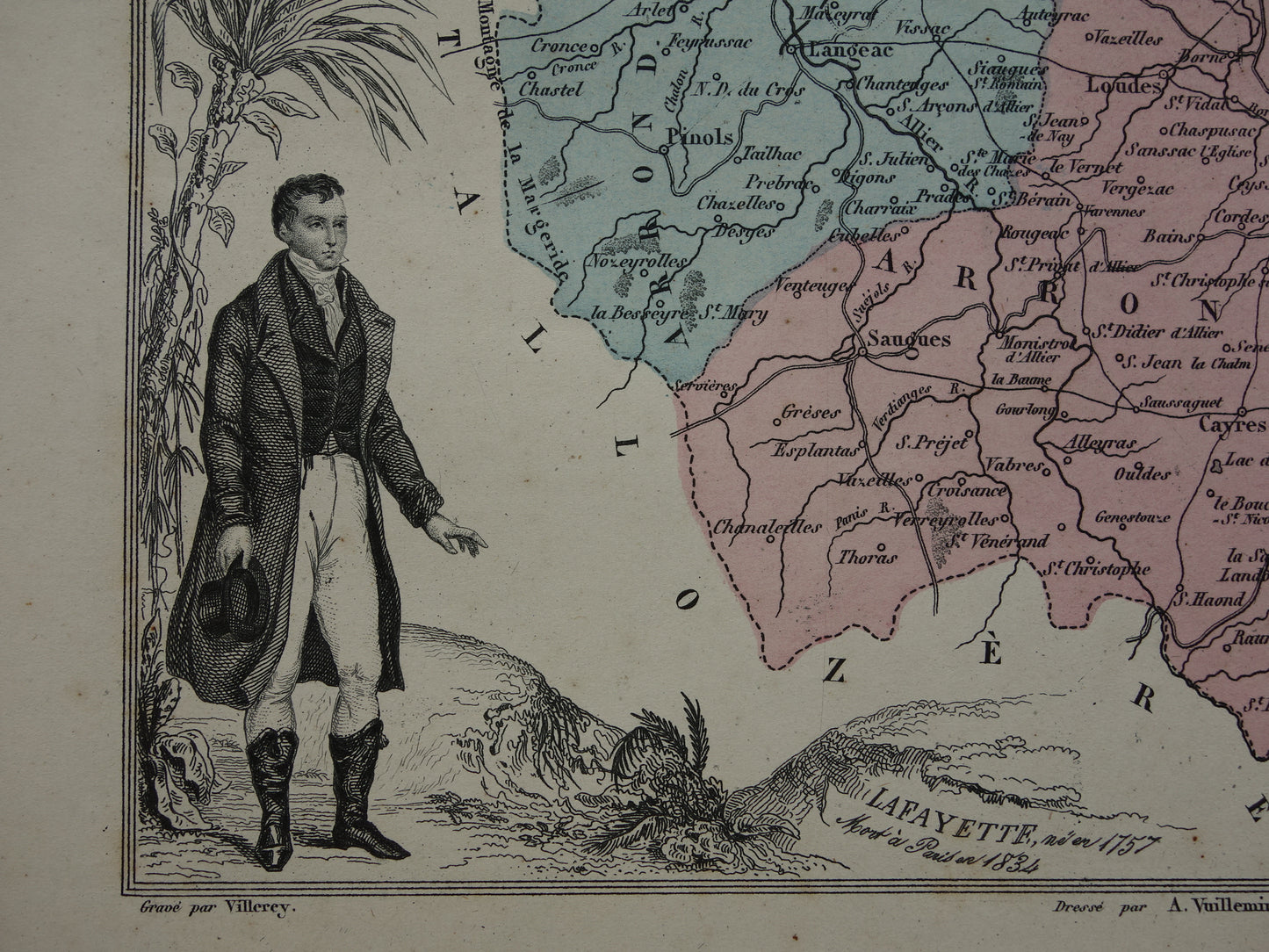 Old map of Haute Loire department in France - original antique hand colored map Le Puy
