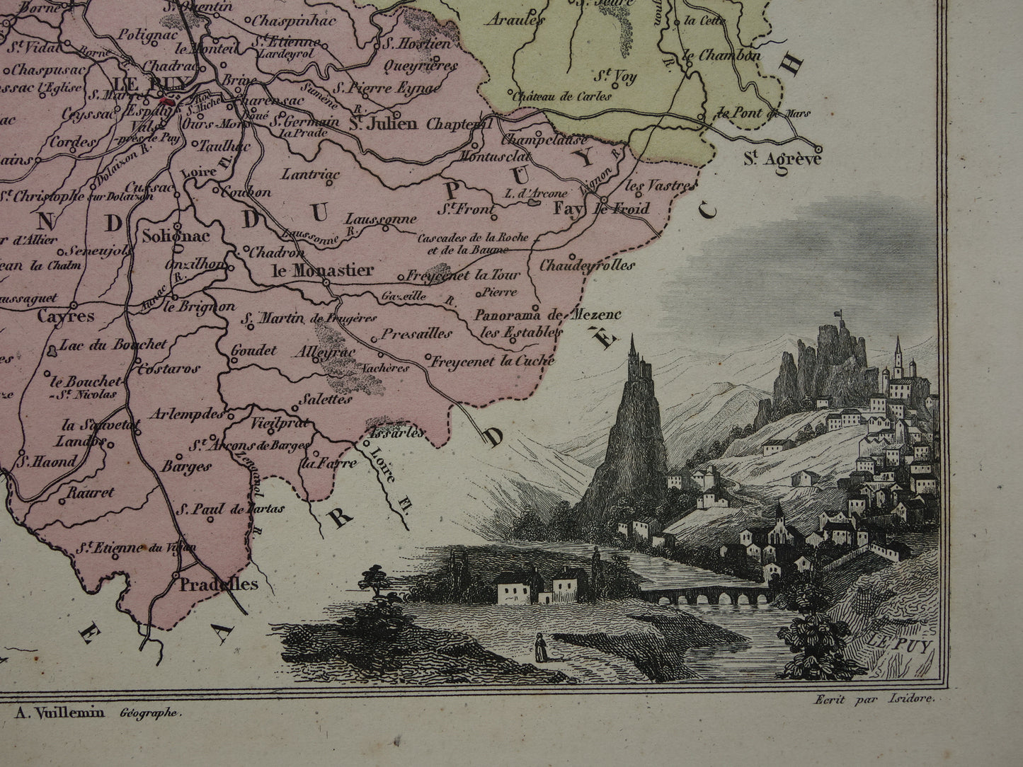 Old map of Haute Loire department in France - original antique hand colored map Le Puy