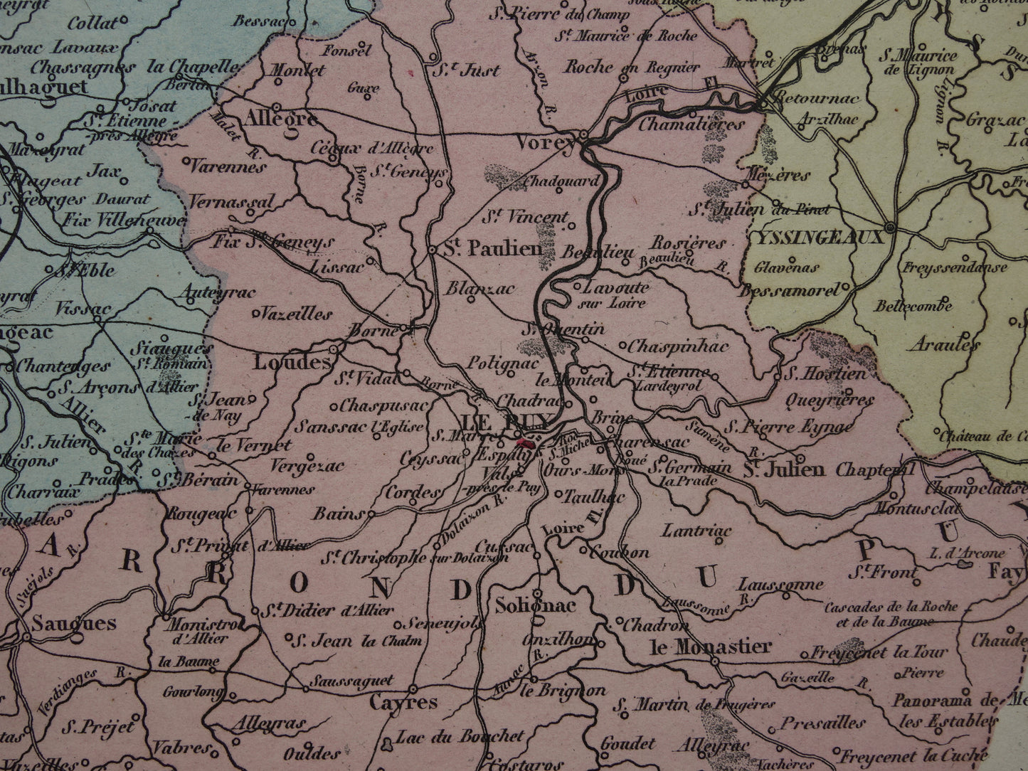 Old map of Haute Loire department in France - original antique hand colored map Le Puy