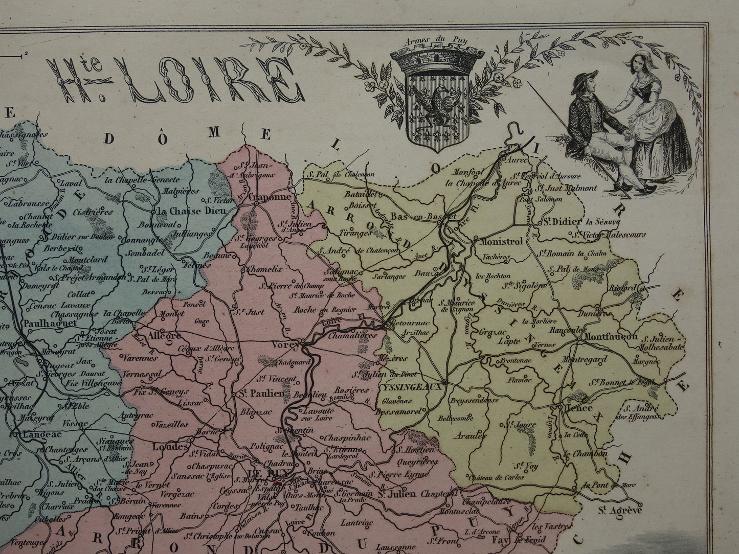 Old map of Haute Loire department in France - original antique hand colored map Le Puy