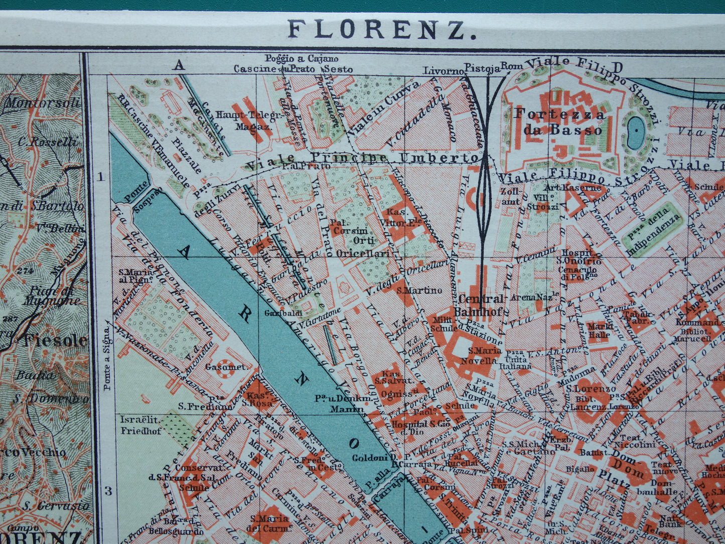Florence kleine oude kaart uit 1902 Duitse antieke plattegrond