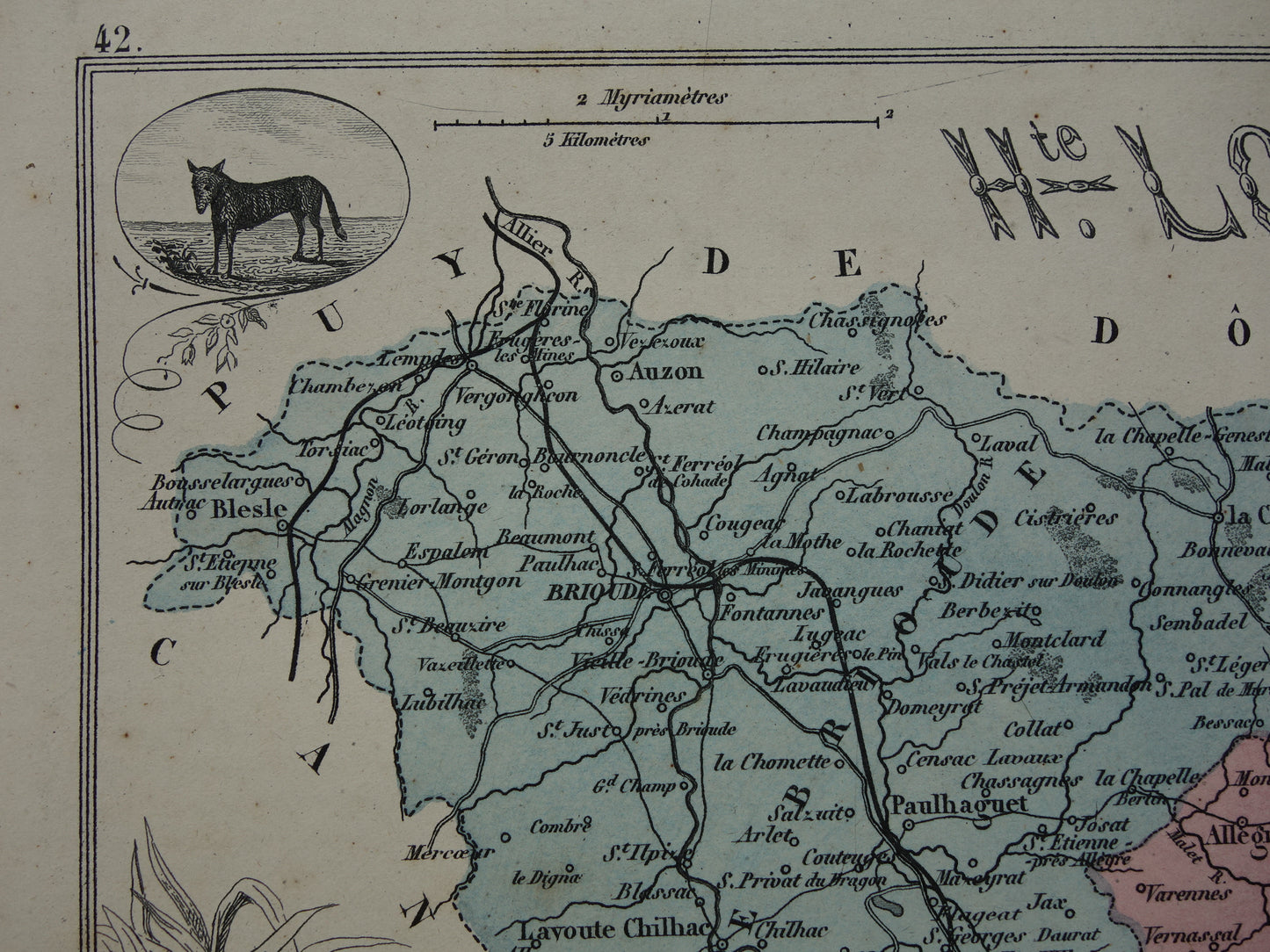 Old map of Haute Loire department in France - original antique hand colored map Le Puy
