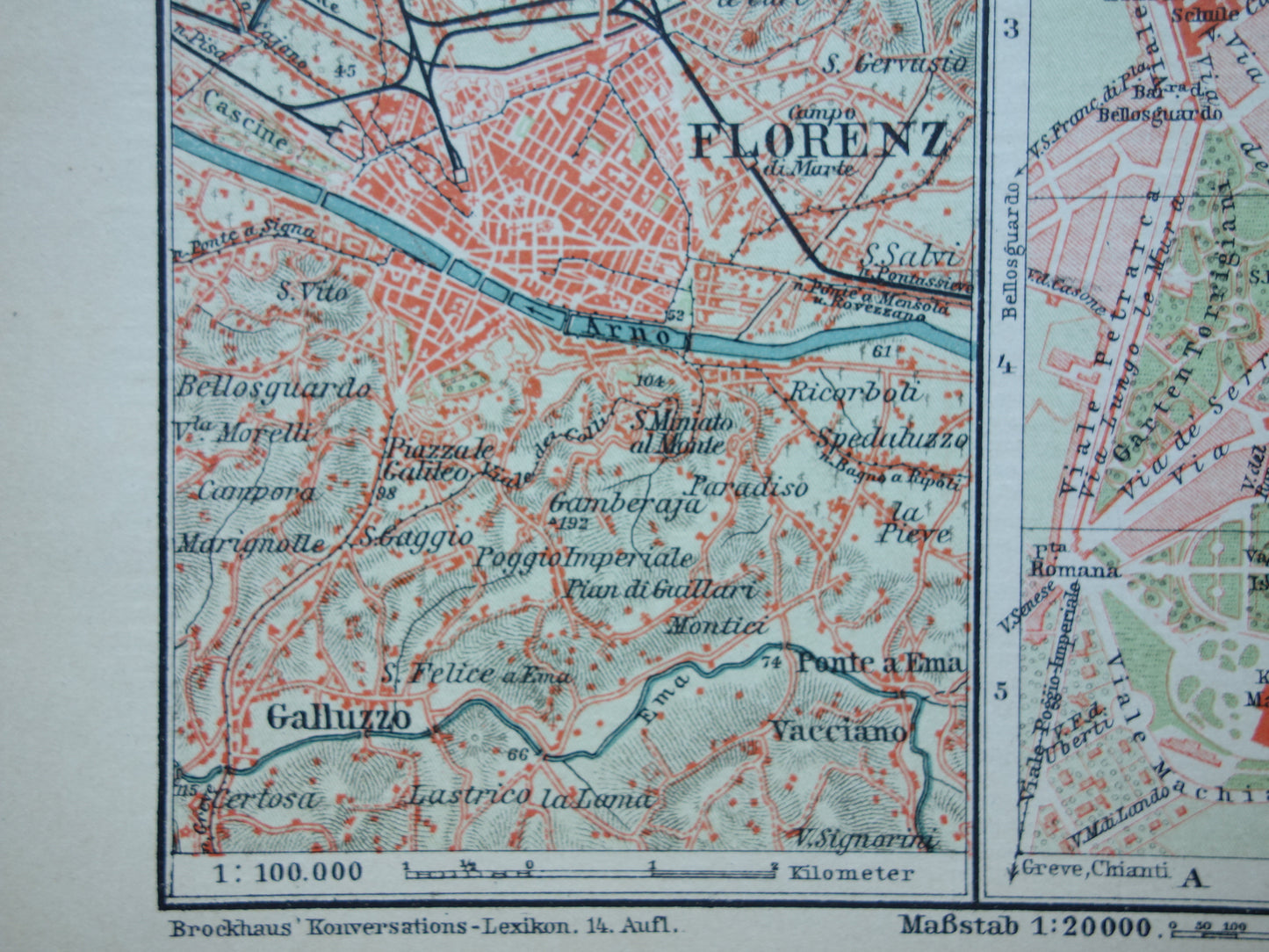 Florence kleine oude kaart uit 1902 Duitse antieke plattegrond