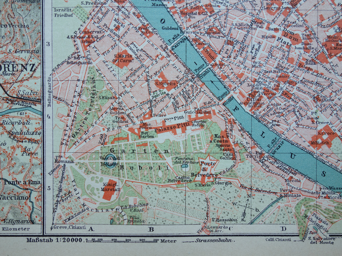 Florence kleine oude kaart uit 1902 Duitse antieke plattegrond