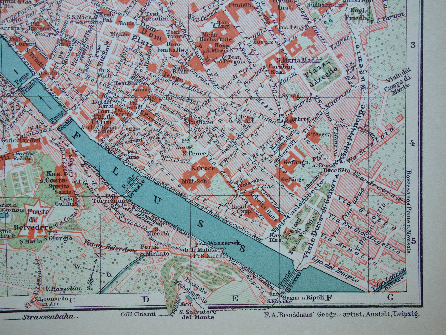 Florence kleine oude kaart uit 1902 Duitse antieke plattegrond