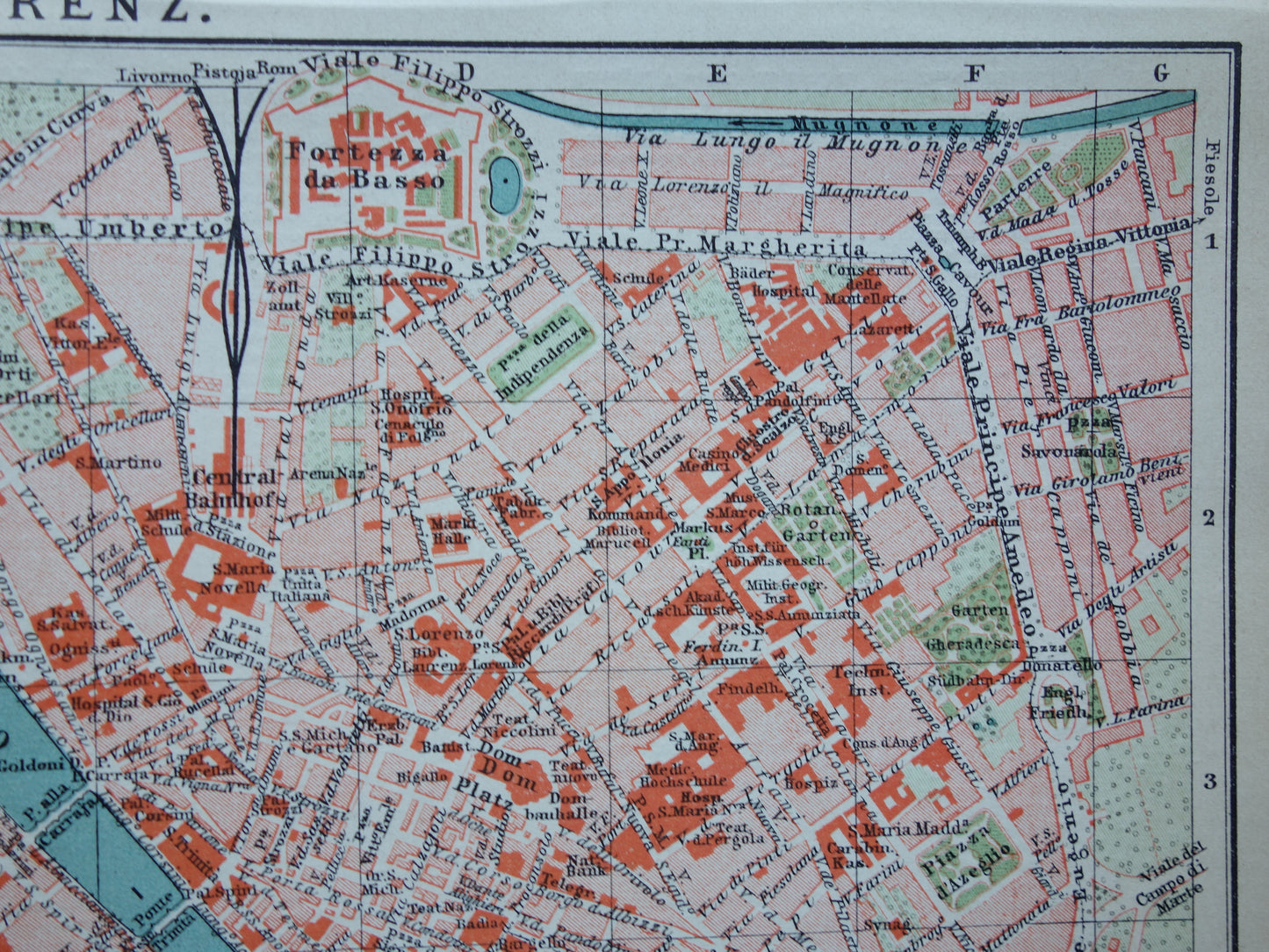 Florence kleine oude kaart uit 1902 Duitse antieke plattegrond
