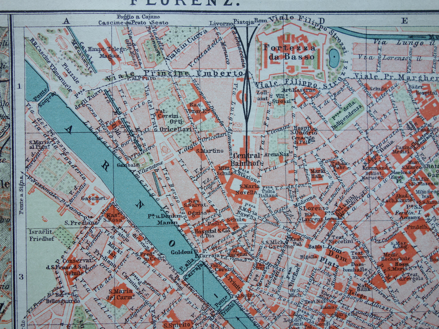 Florence kleine oude kaart uit 1902 Duitse antieke plattegrond