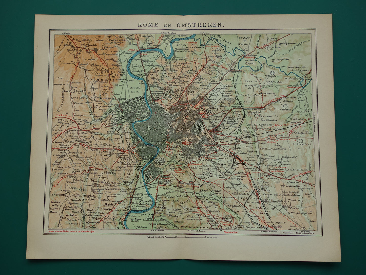 Old map of Rome and surroundings from 1910 original Dutch antique map of Rome Italy