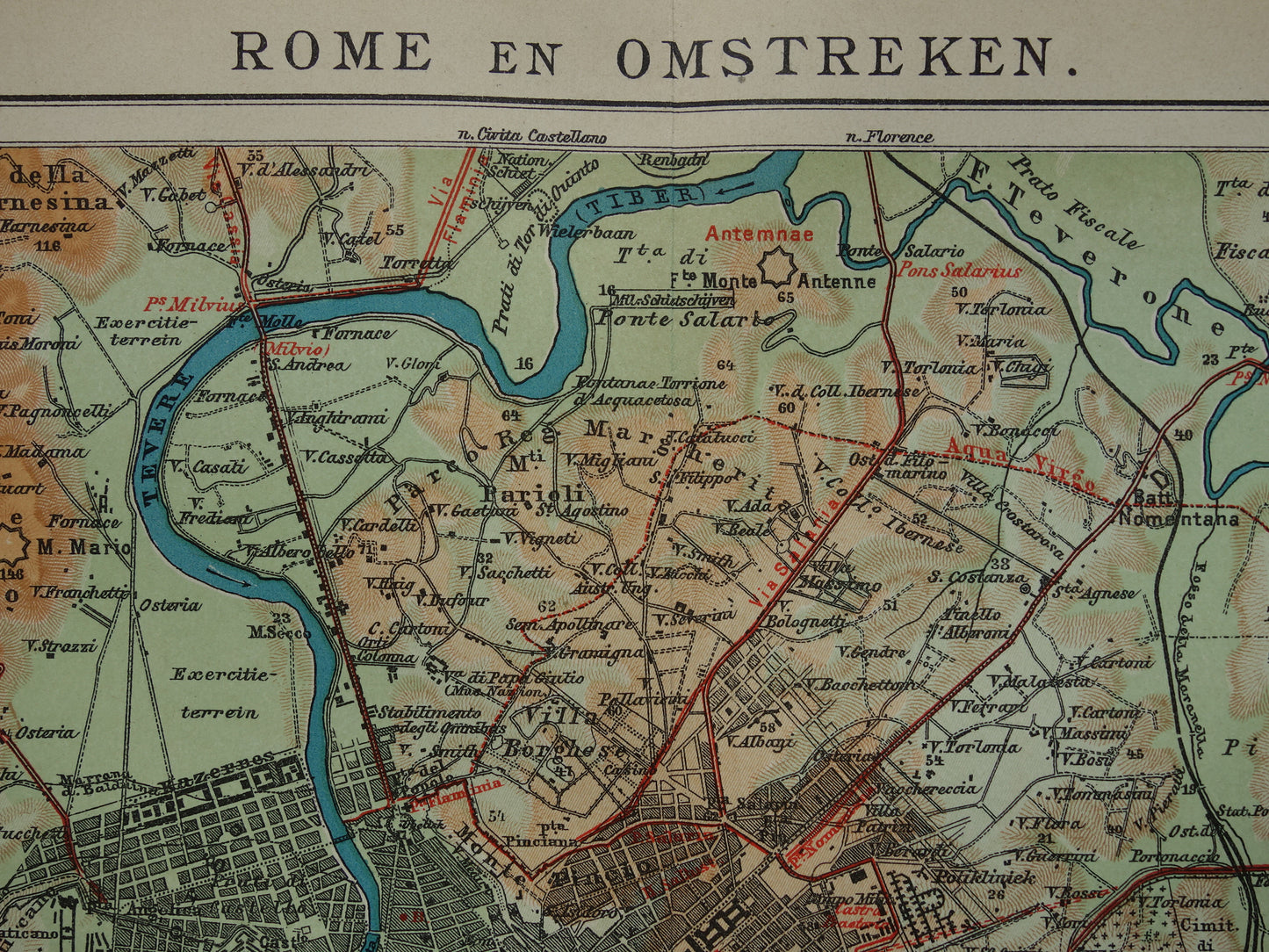 Old map of Rome and surroundings from 1910 original Dutch antique map of Rome Italy