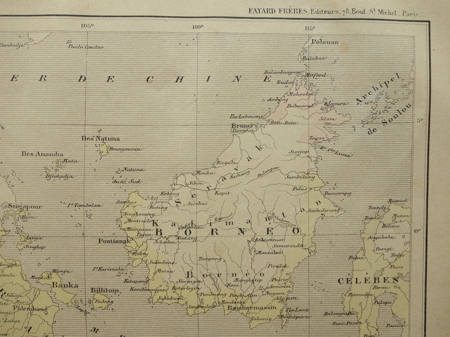 INDONESIE oude kaart van Indonesië 1896 originele antieke Franse handgekleurde landkaart Java Batavia Sumatra