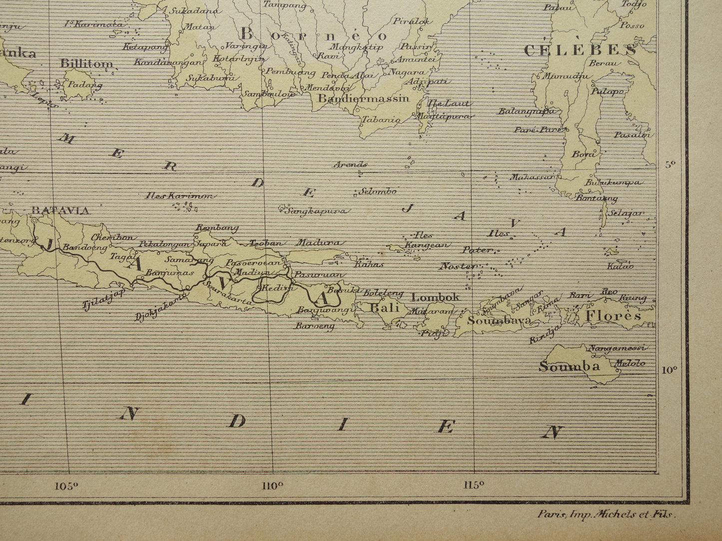 INDONESIE oude kaart van Indonesië 1896 originele antieke Franse handgekleurde landkaart Java Batavia Sumatra