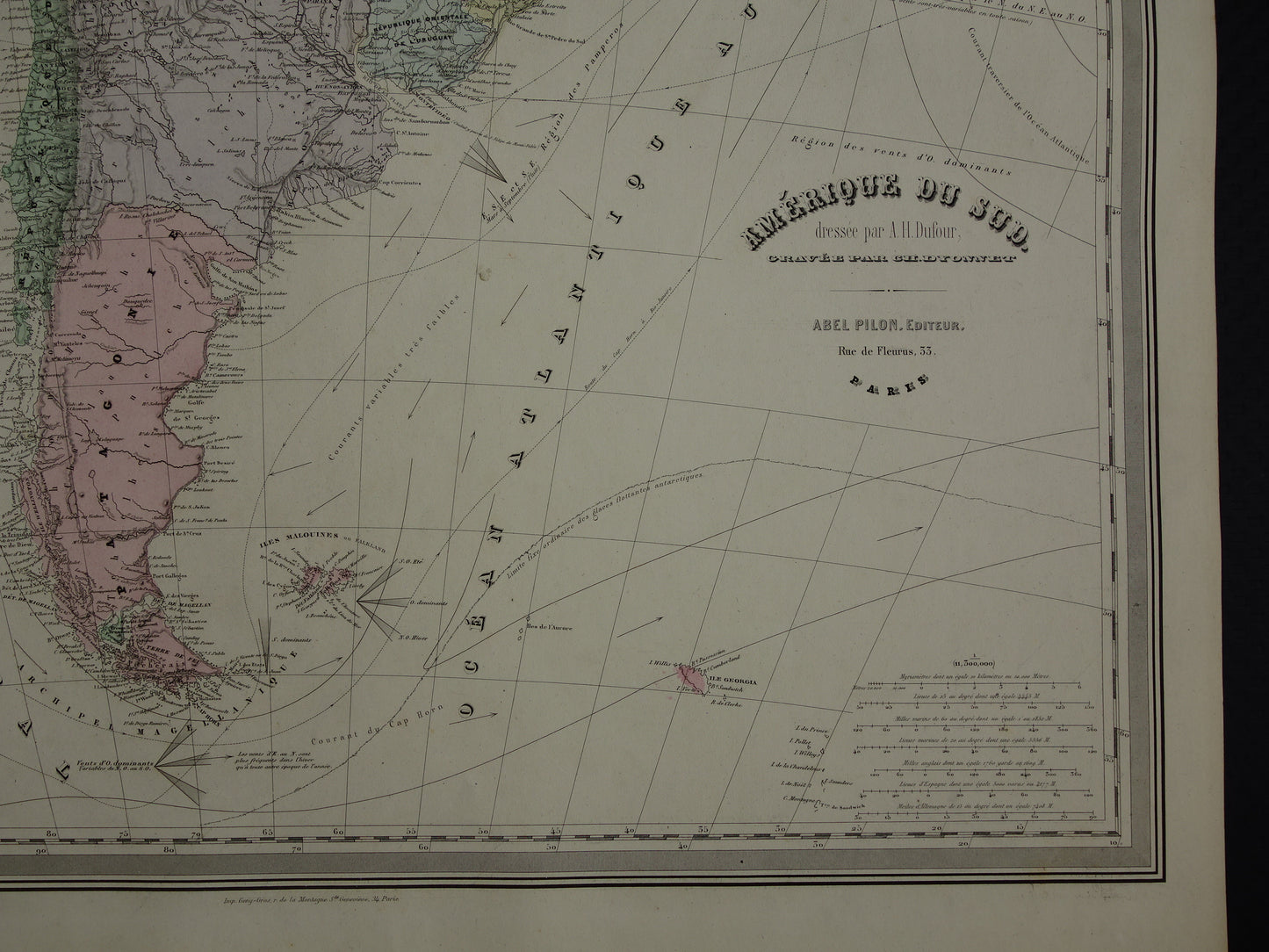 LARGE vintage map of South America 1880 original old antique very large map poster Brazil