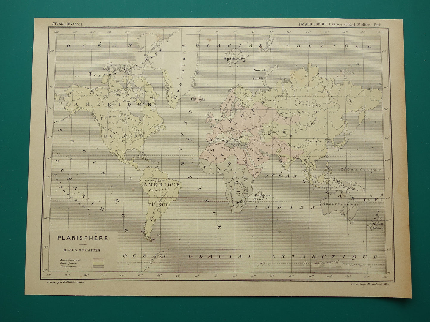 Originele oude antropologische wereldkaart over mensenrassen 1896 originele antieke Franse handgekleurde landkaart