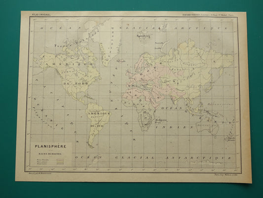 Original old anthropological world map about human races 1896 original antique French hand-colored map