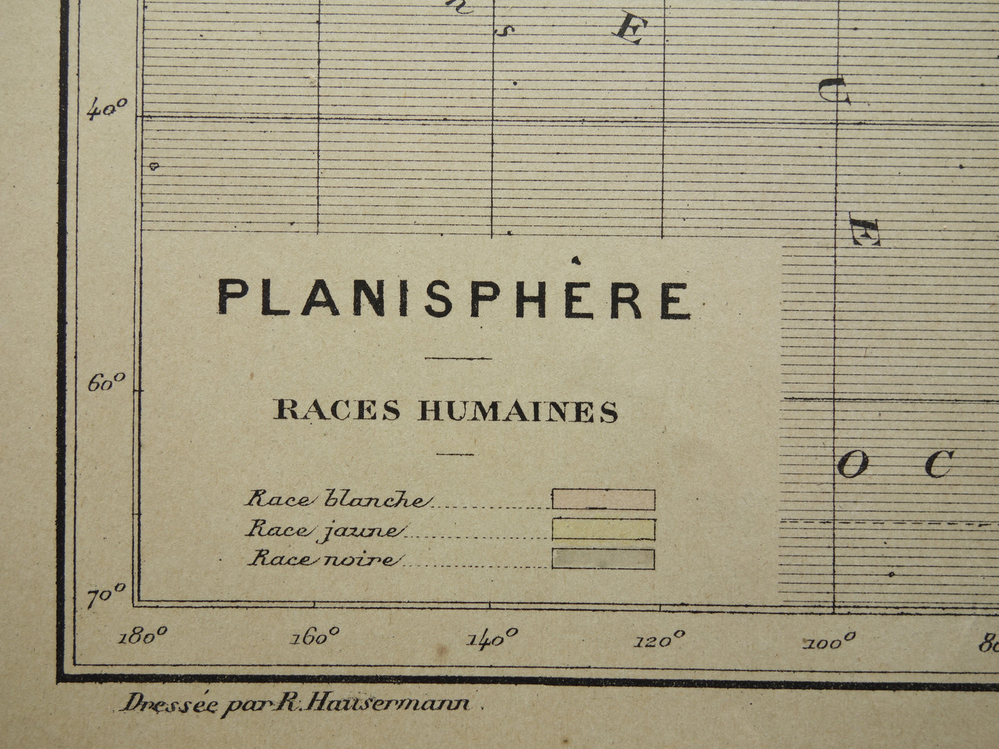 Originele oude antropologische wereldkaart over mensenrassen 1896 originele antieke Franse handgekleurde landkaart