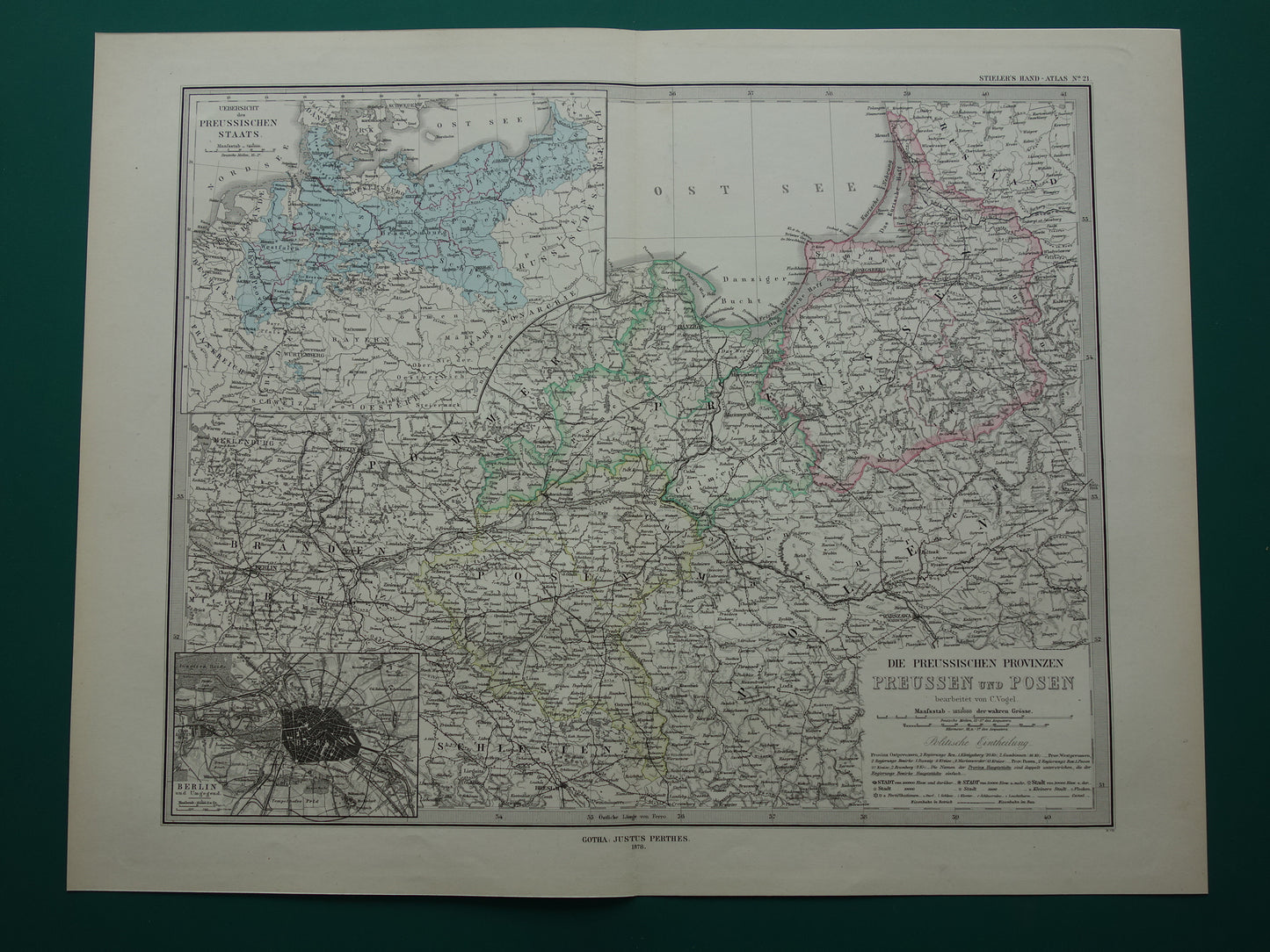 PRUSSIA Antique map of the Province of Prussia and Posen in 1878 Large original 145+ year old map Berlin Prussia Poland Germany