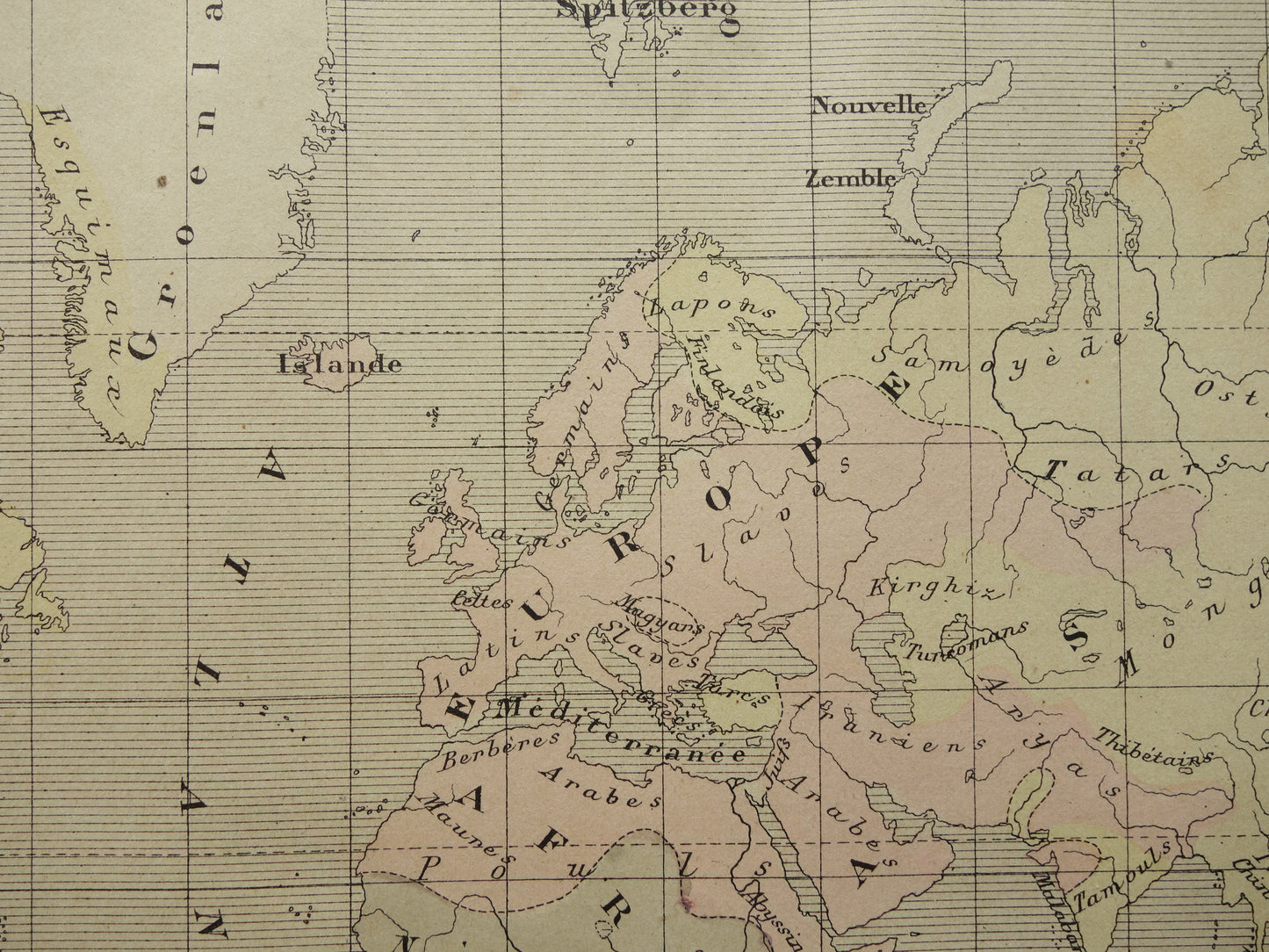 Originele oude antropologische wereldkaart over mensenrassen 1896 originele antieke Franse handgekleurde landkaart