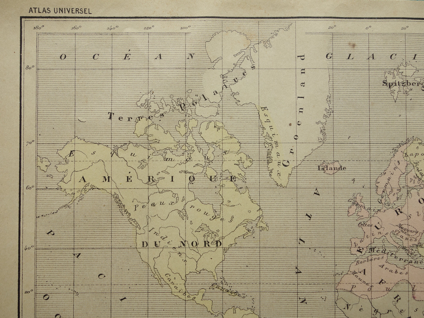 Originele oude antropologische wereldkaart over mensenrassen 1896 originele antieke Franse handgekleurde landkaart