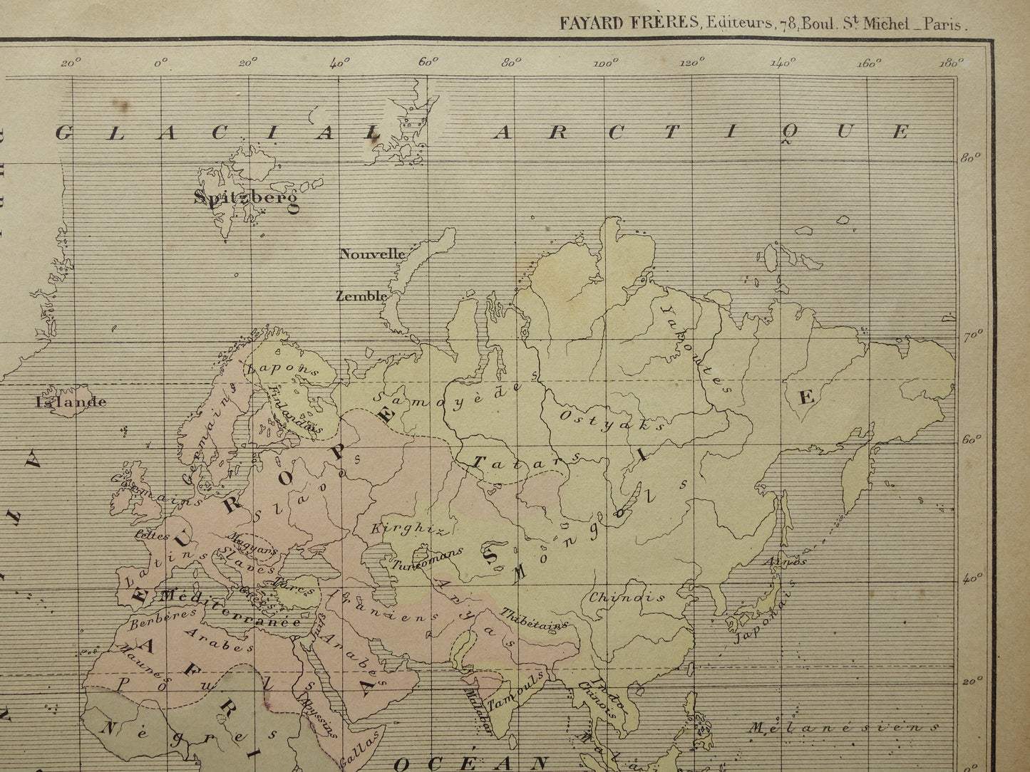 Originele oude antropologische wereldkaart over mensenrassen 1896 originele antieke Franse handgekleurde landkaart