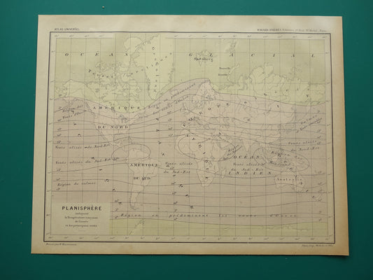 Antieke wereldkaart over klimaat 1896 originele oude kaart met gemiddelde temperatuur en windstromen - vintage handgekleurde landkaart wereld