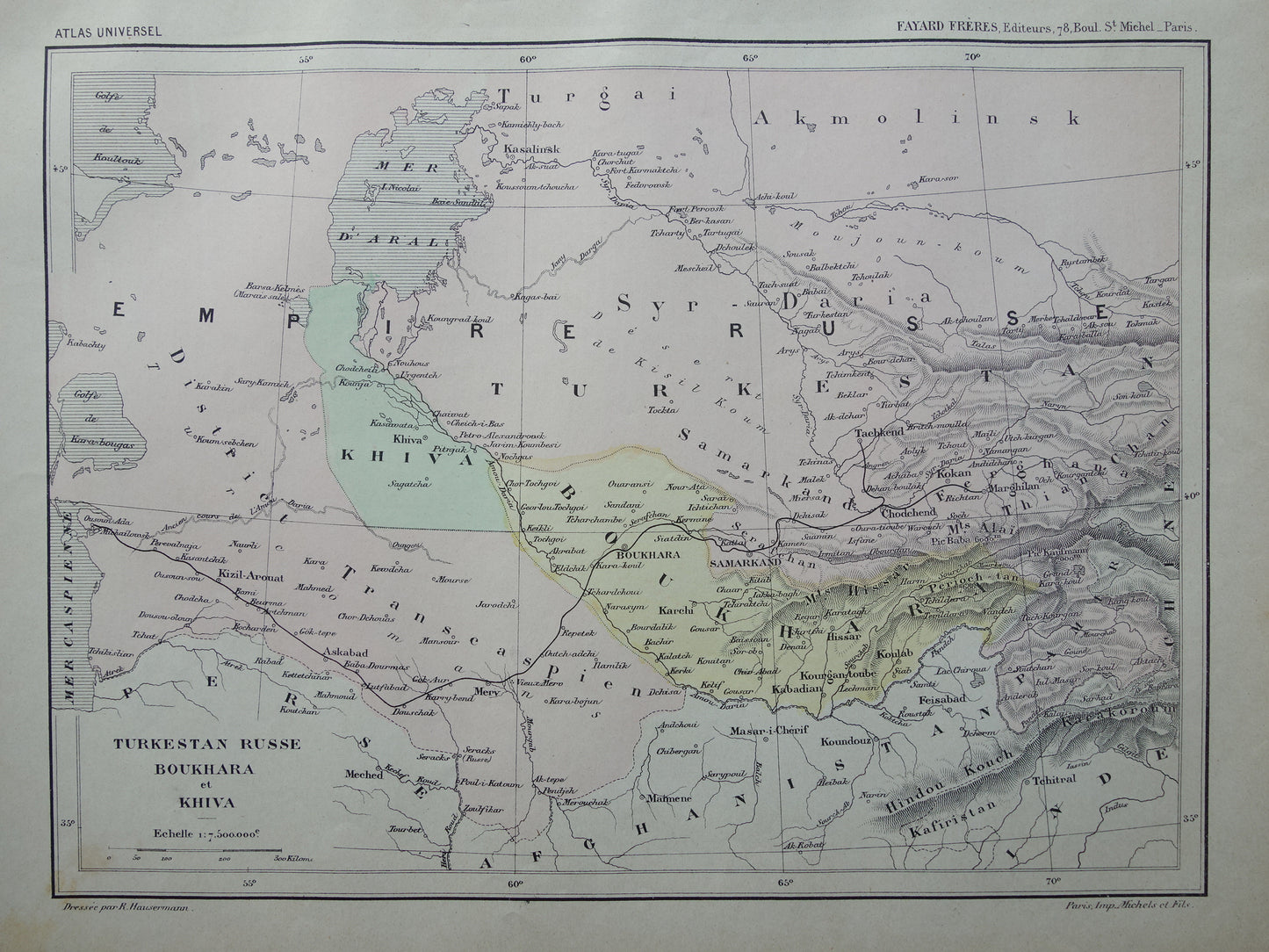 Oude kaart van Aralmeer Kazachstan Oezbekistan uit 1896 originele Franse antieke landkaart Aralmeer