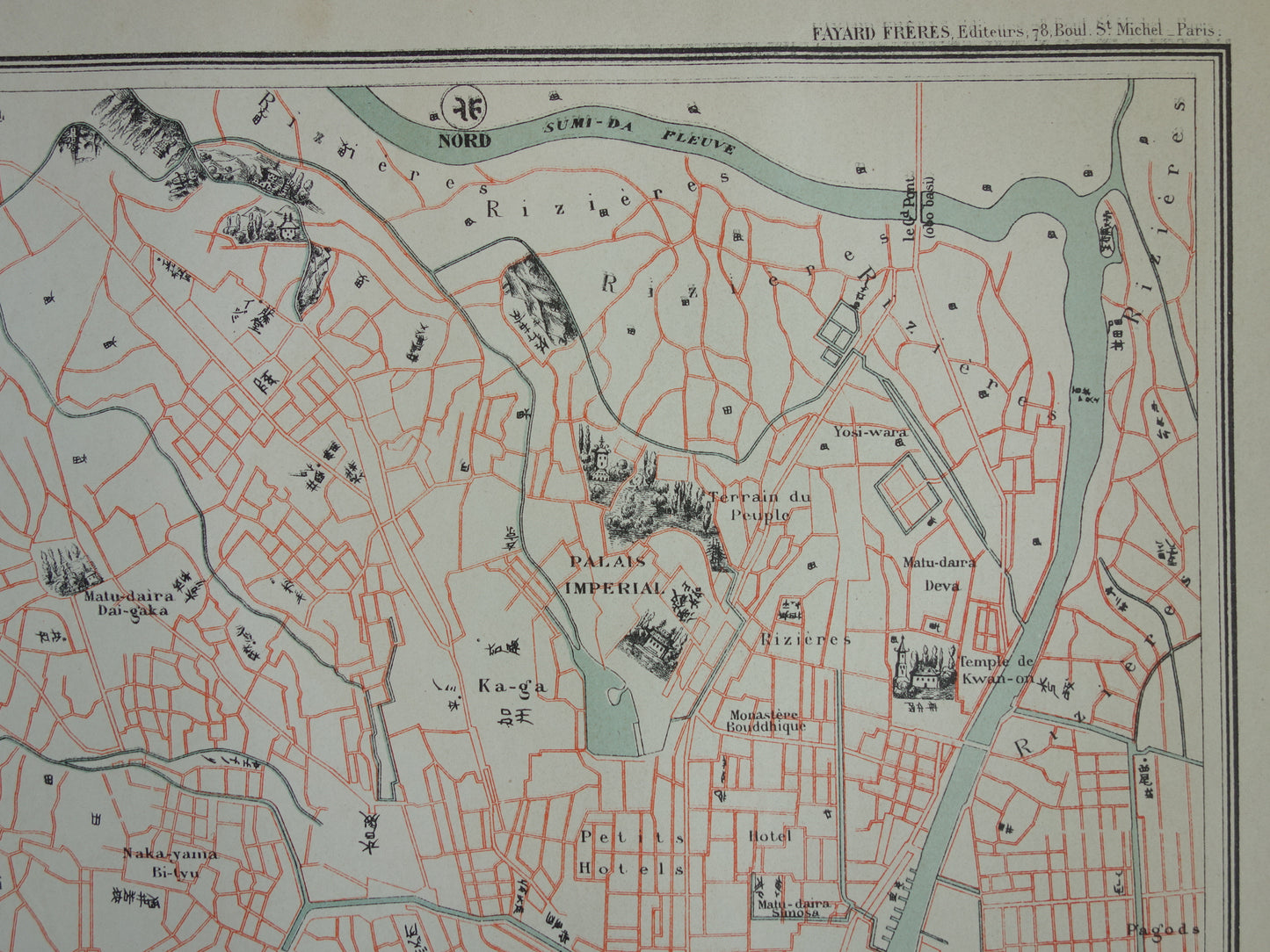 TOKIO Grote Oude plattegrond van Tokio Japan 1896 originele antieke Franse kaart Yedo