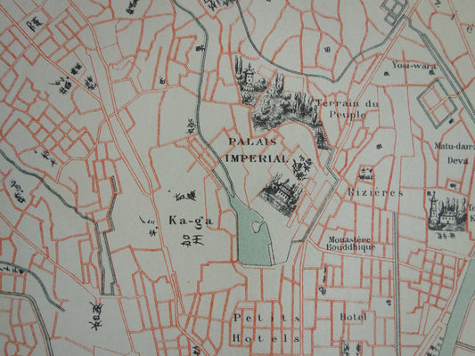 TOKYO Large Old Map of Tokyo Japan 1896 Original Antique French Map Yedo