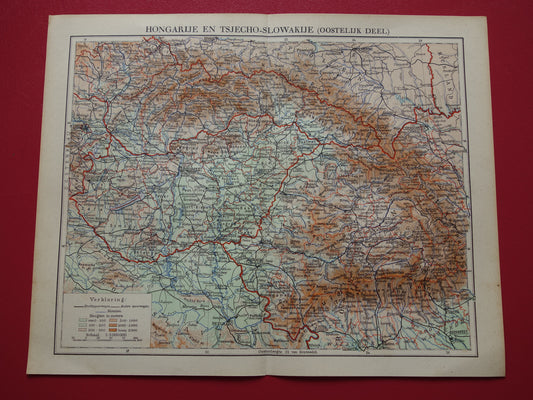 HONGARIJE oude kaart van Hongarije en Tsjechoslowakije uit 1935 originele vintage landkaart Slowakije