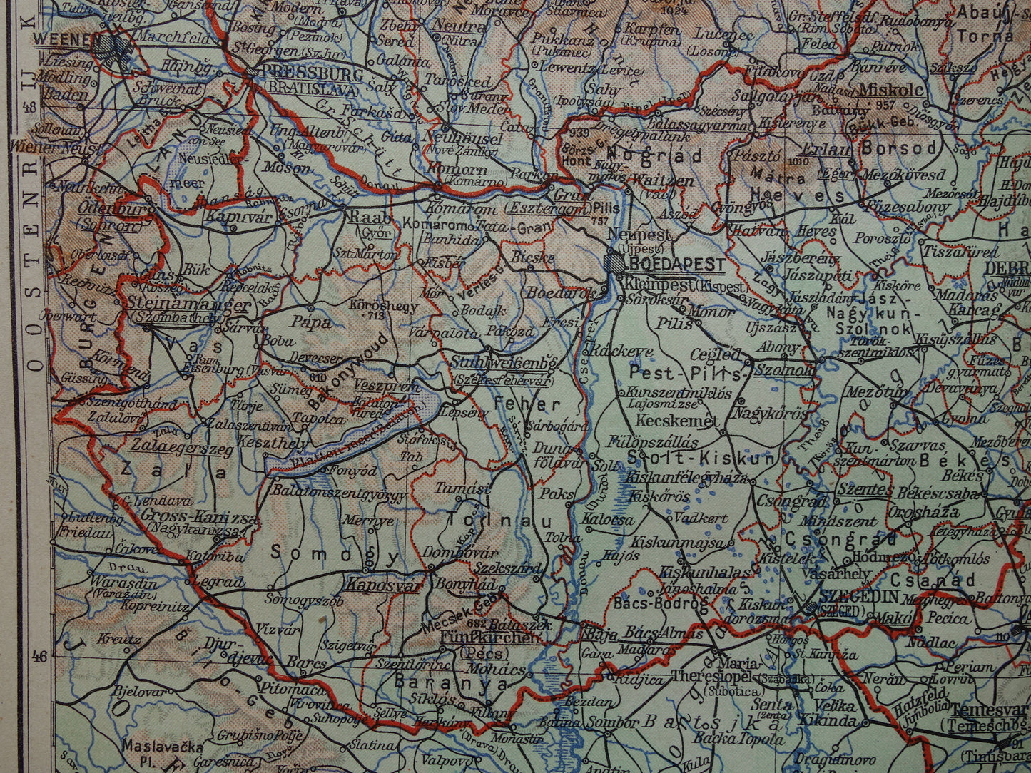 HUNGARY old map of Hungary and Czechoslovakia from 1935 original vintage map Slovakia