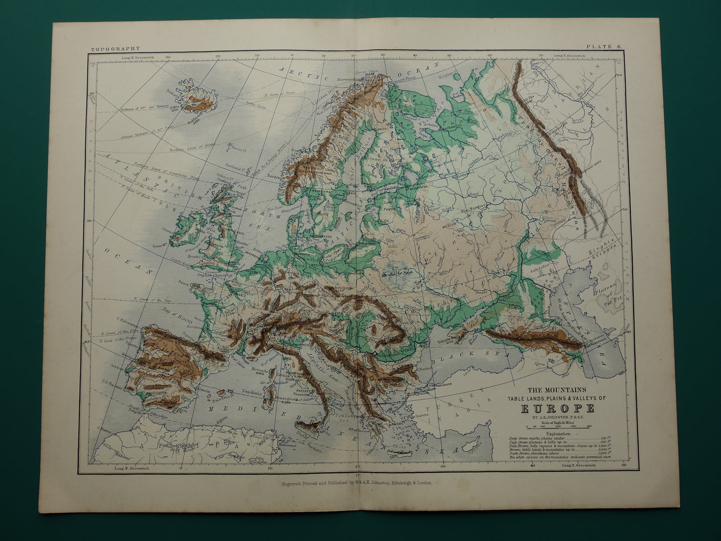 Europe antique map of Europe 140+ year old map of continent from 1879 - original vintage elevation map