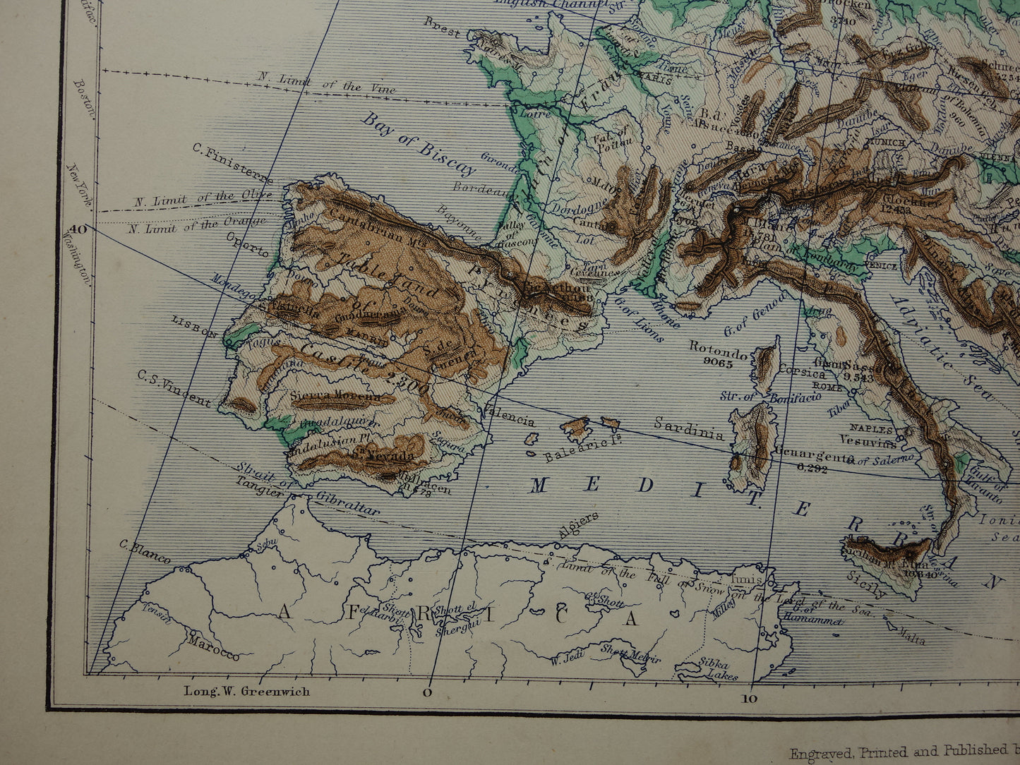 Europe antique map of Europe 140+ year old map of continent from 1879 - original vintage elevation map