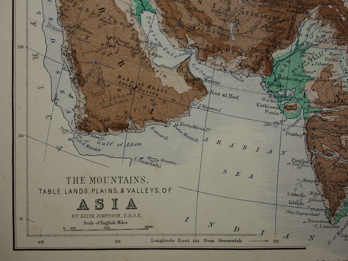 Asia antique map of Asia 140+ year old map of continent from 1879 - original vintage elevation map
