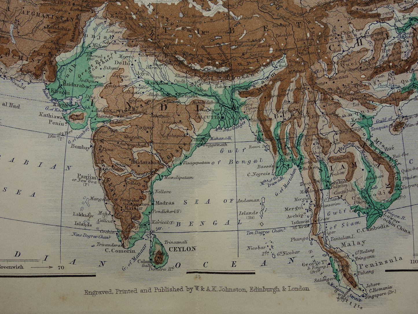 Asia antique map of Asia 140+ year old map of continent from 1879 - original vintage elevation map