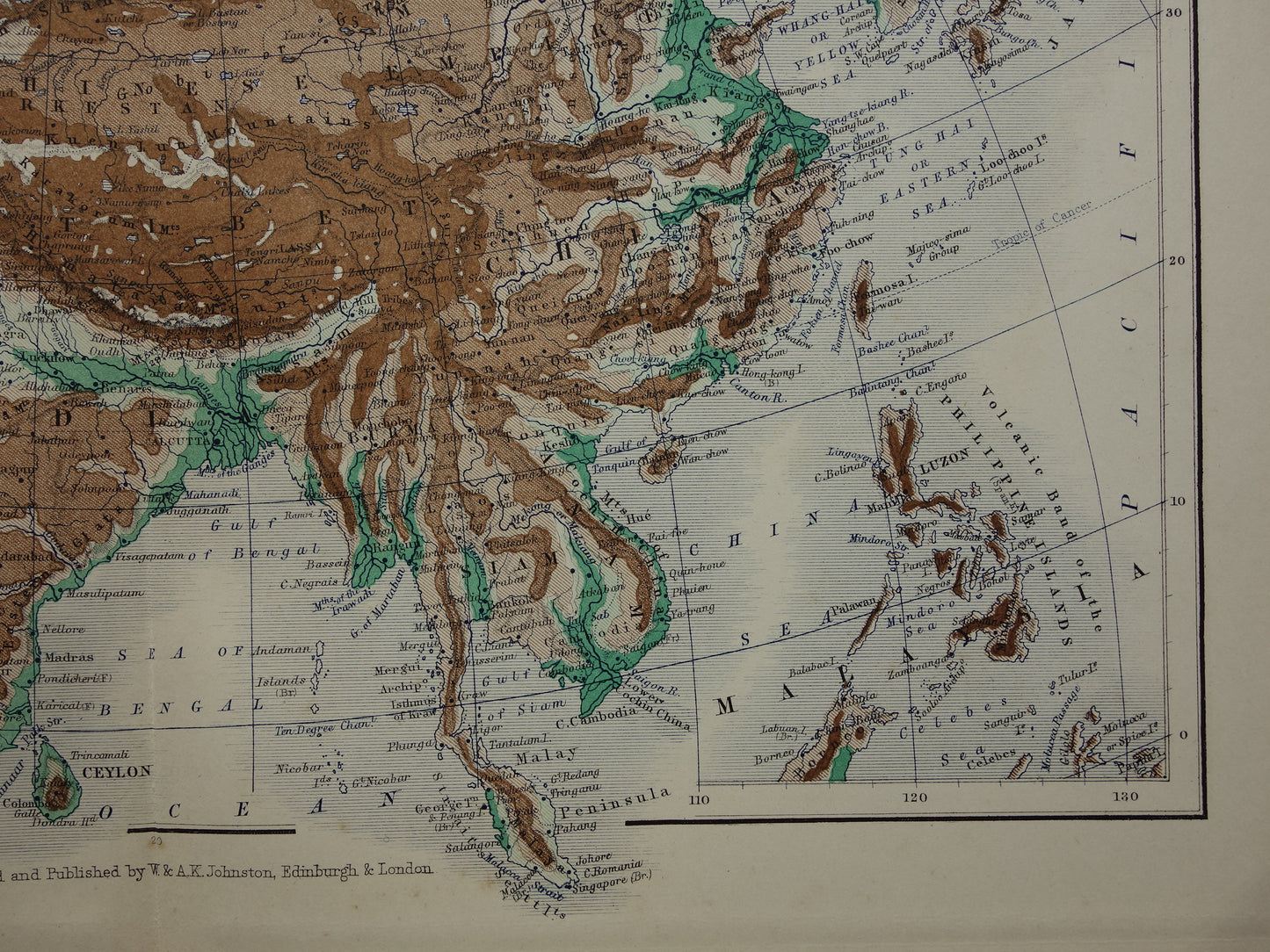 Asia antique map of Asia 140+ year old map of continent from 1879 - original vintage elevation map
