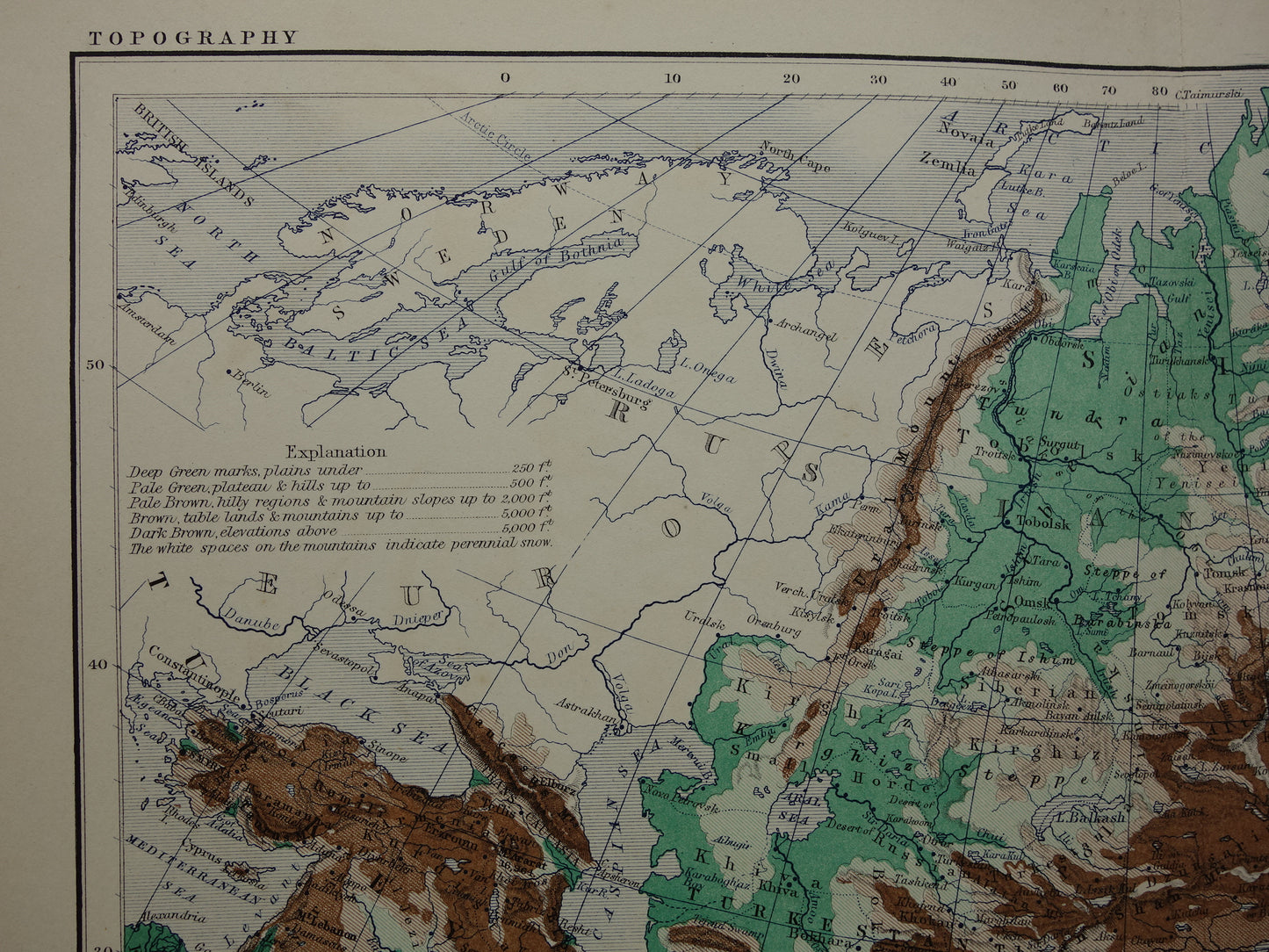 Asia antique map of Asia 140+ year old map of continent from 1879 - original vintage elevation map
