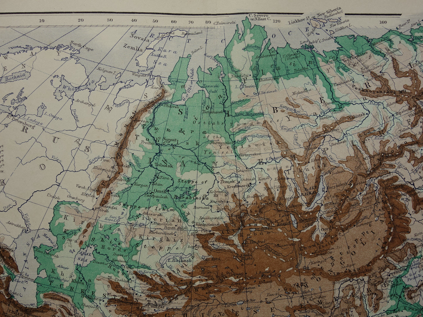 Asia antique map of Asia 140+ year old map of continent from 1879 - original vintage elevation map