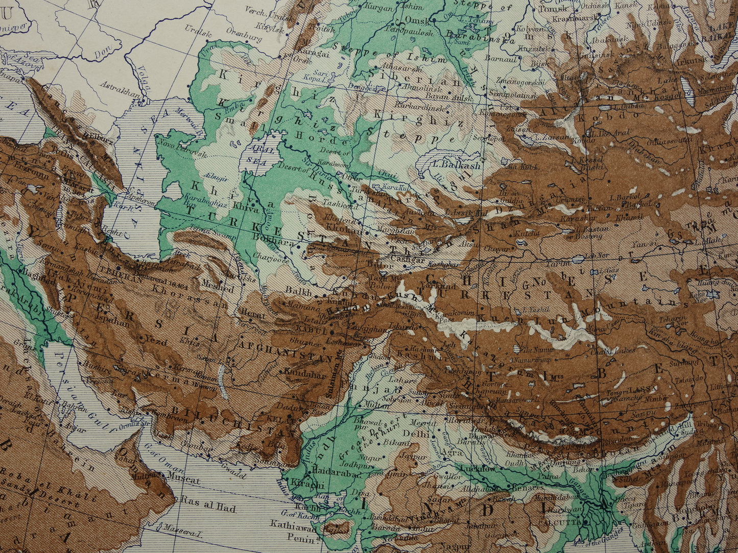 Asia antique map of Asia 140+ year old map of continent from 1879 - original vintage elevation map