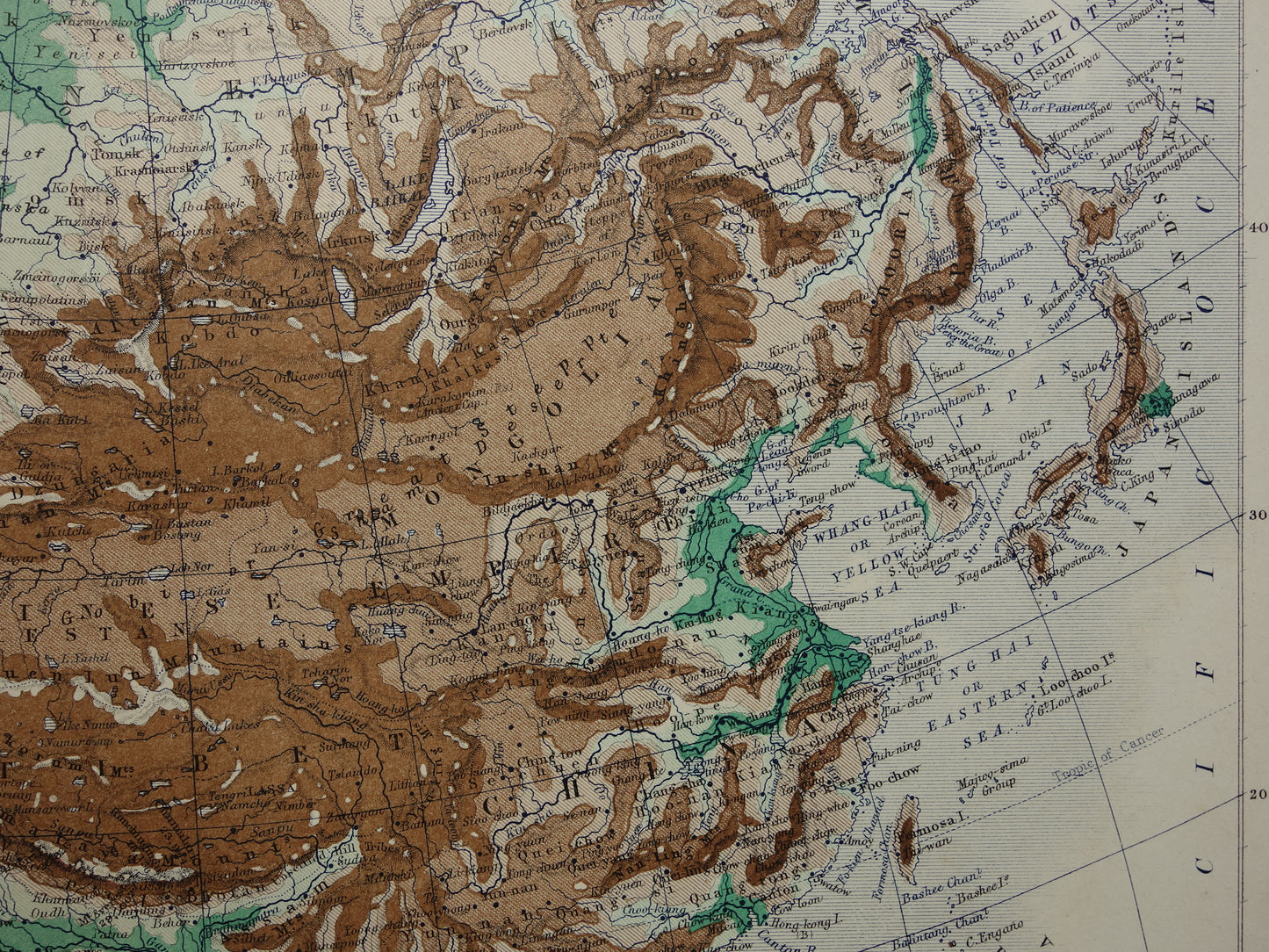 Asia antique map of Asia 140+ year old map of continent from 1879 - original vintage elevation map