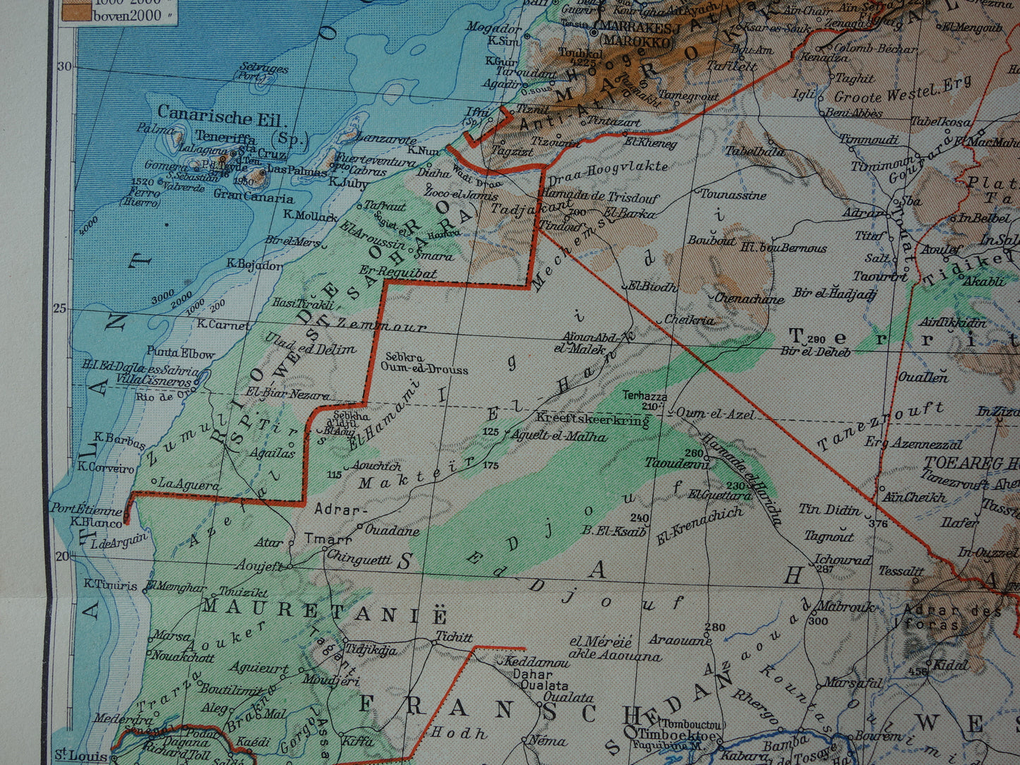 Old map of Northwest Africa from 1936 Original vintage Dutch map of Sahara Gold Coast Sahel Guinea Morocco