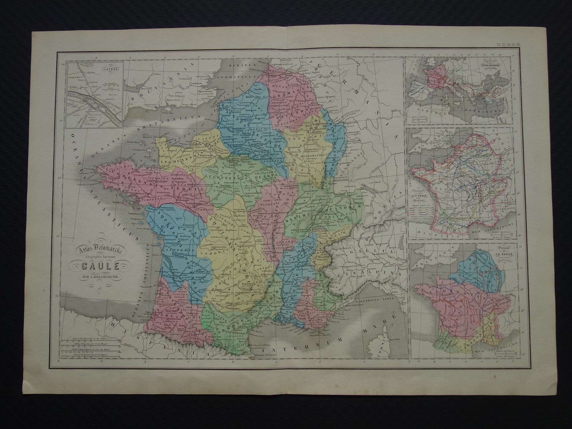 Oude kaart van Frankrijk in klassieke oudheid Gallië uit 1859 Originele antieke landkaart met veroveringstochten Julius Ceasar