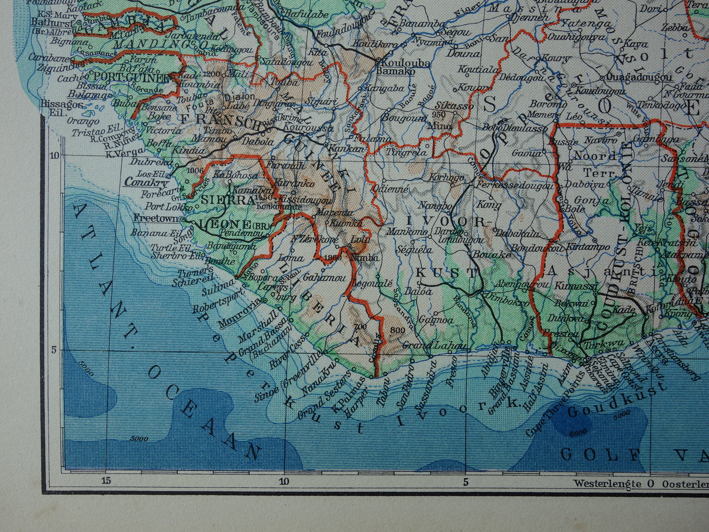Old map of Northwest Africa from 1936 Original vintage Dutch map of Sahara Gold Coast Sahel Guinea Morocco