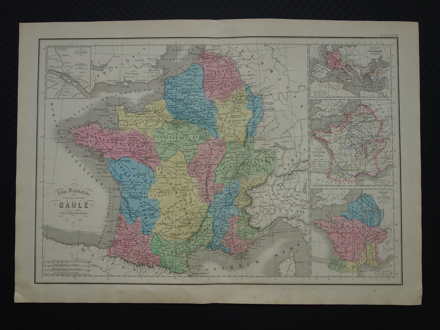 Old map of France in classical antiquity Gaul from 1859 Original antique map with conquests Julius Ceasar Limes