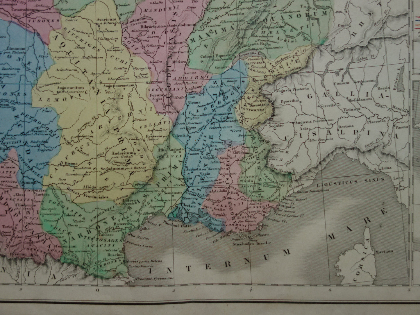 Old map of France in classical antiquity Gaul from 1859 Original antique map with conquests Julius Ceasar Limes