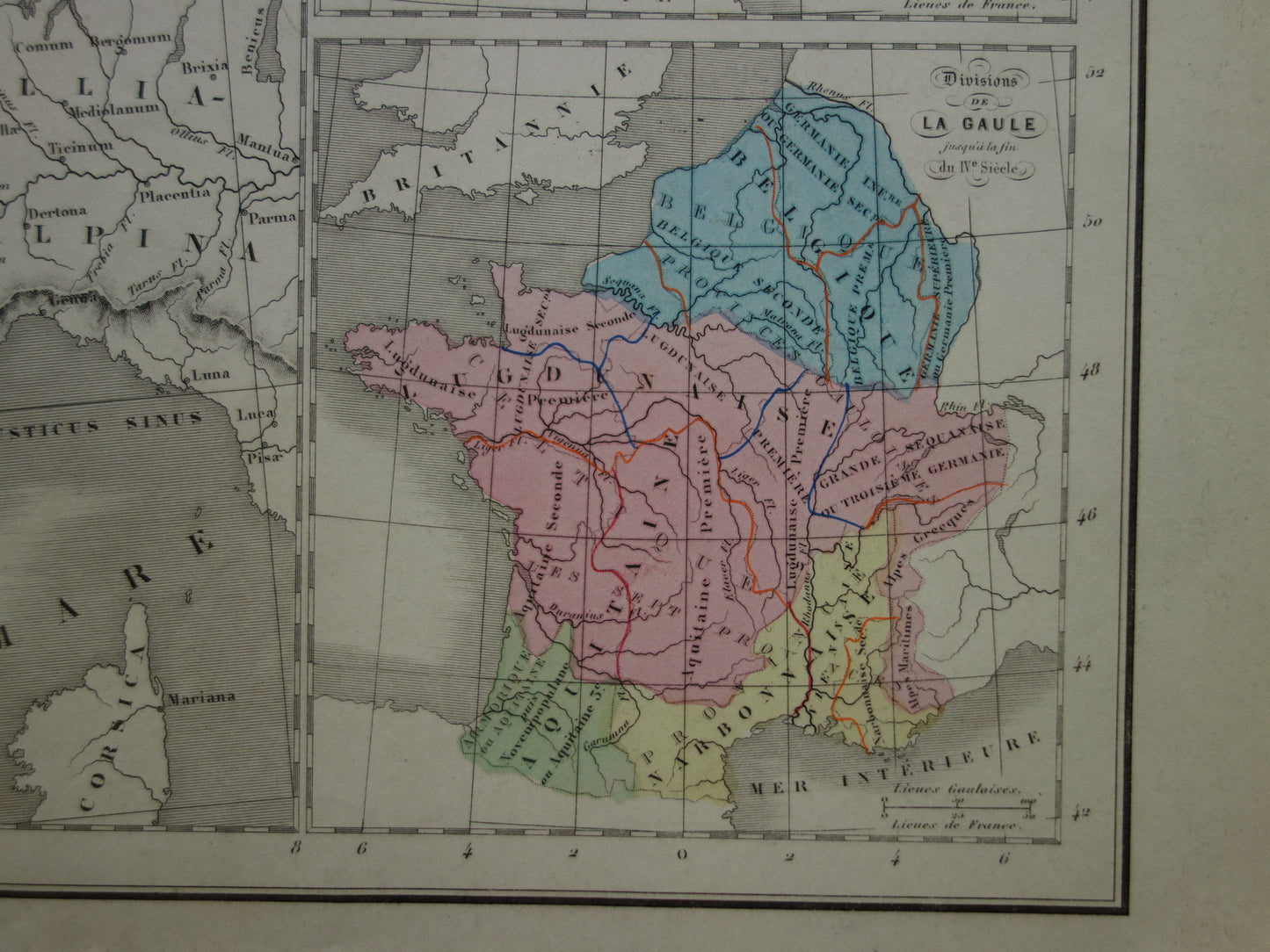 Old map of France in classical antiquity Gaul from 1859 Original antique map with conquests Julius Ceasar Limes